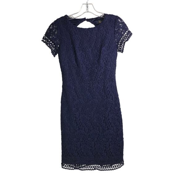 Laundry By Shelli Segal Lace Dress Wns Sz 2 Navy Blue Key Hole Back Short Sleeve - Picture 1 of 7